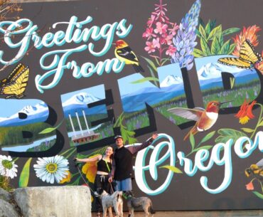 Us in front of the Bend Oregon mural in the Old Mill.