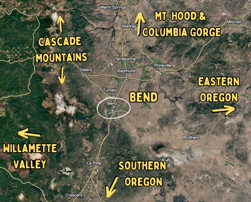 A graphic illustrating Bend's location.