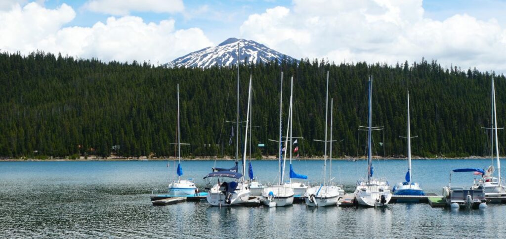 A view of the marina at Elk Lake Resort and Mt. Bachelor in the background.