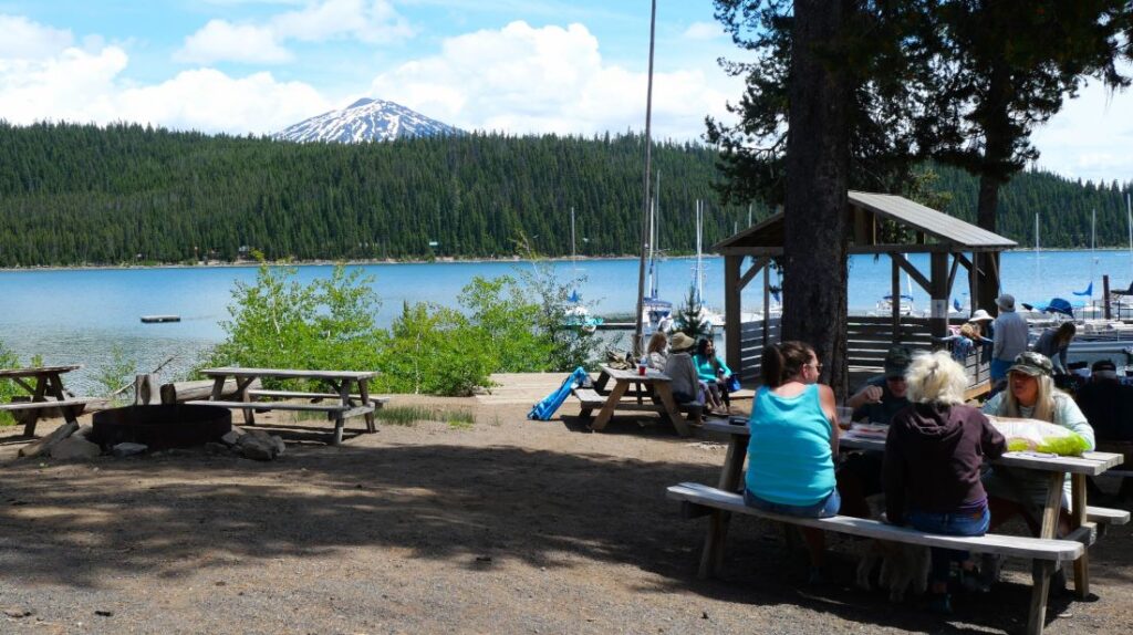 Views of Mt. Bachelor and the Elk Lake marina from Elk Lake Resort.