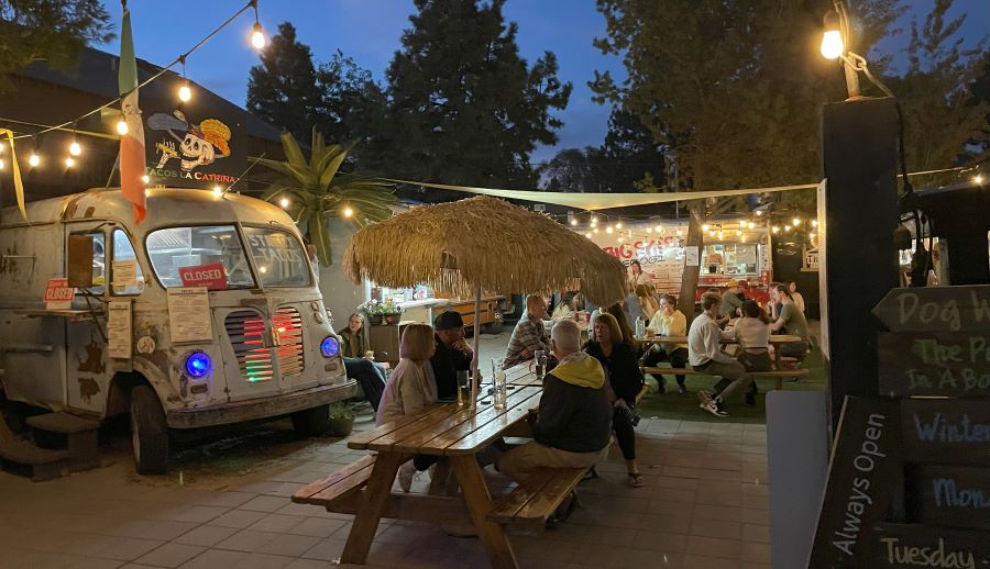 The outdoor seating area at the Podski Food Cart Lot.