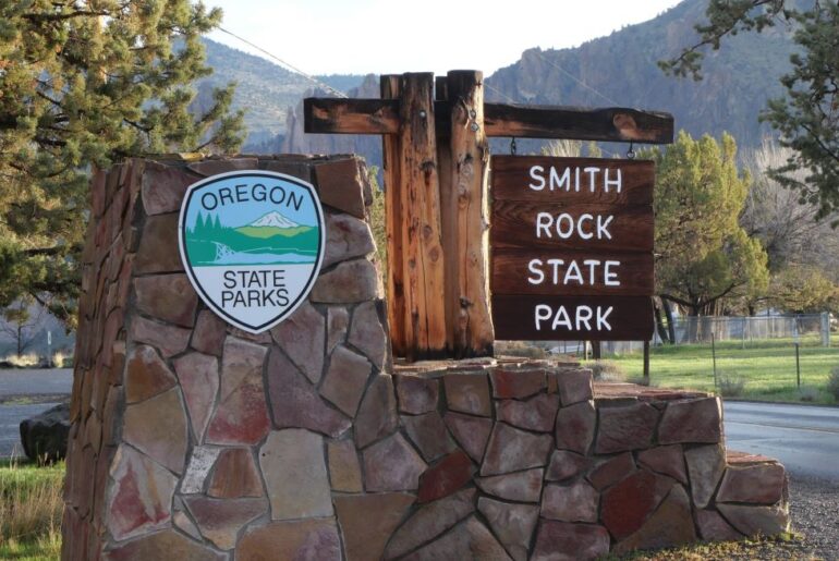 The entry sign at Smith Rock State Park.