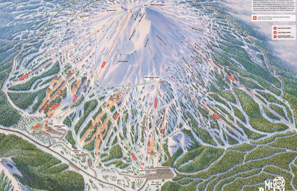 Trail map of ski runs at Mt. Bachelor.