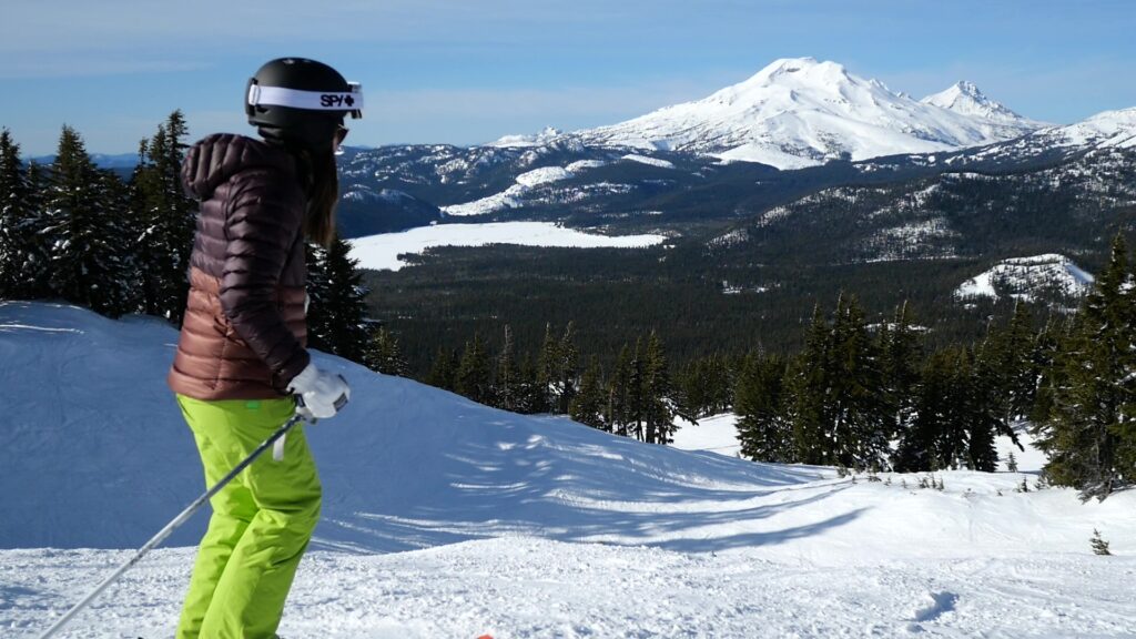 A skier going down a run at Mt. Bachelor Ski Resort.