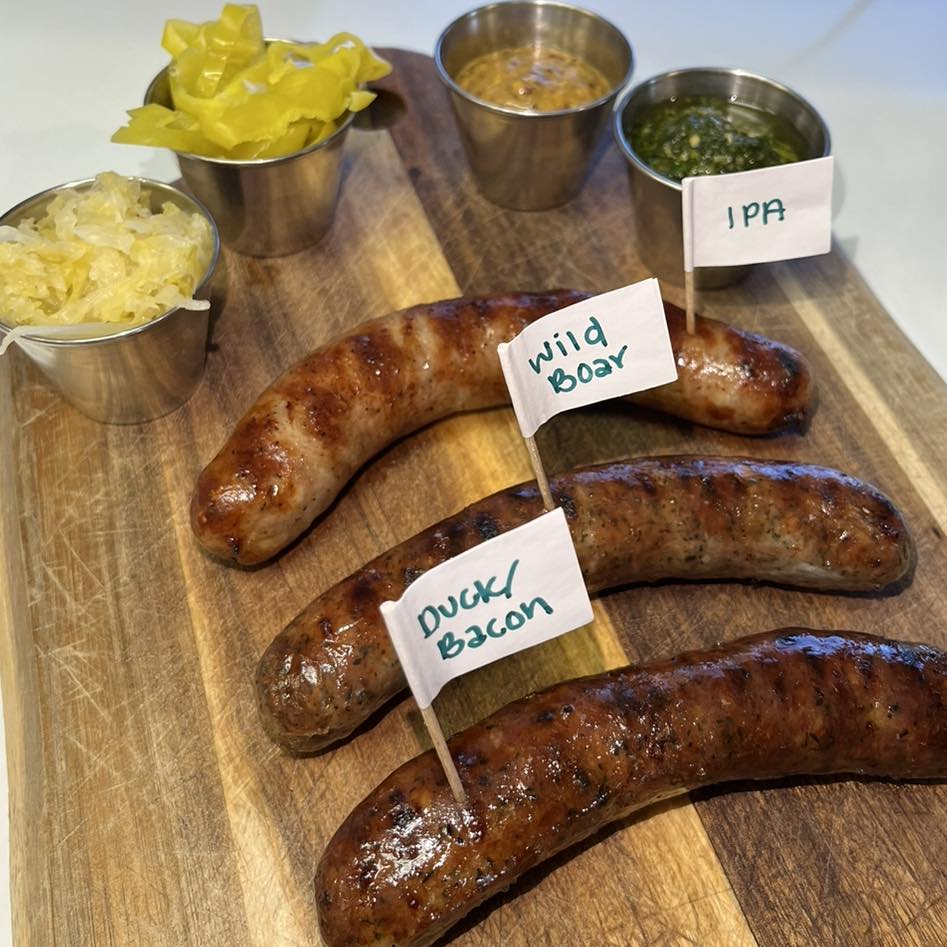 A sampler of sausages and sauces at Bangers and Brews in Bend.