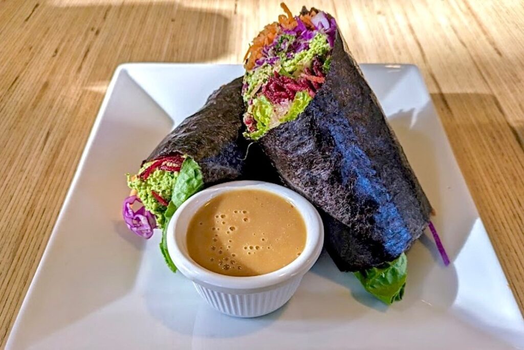 A veggie wrap at Salud Raw Food, one of the best Bend Oregon vegan restaurants.