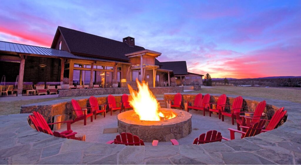 A firepit and seating area at Brasada Ranch, one of the best luxury resorts near Bend Oregon.