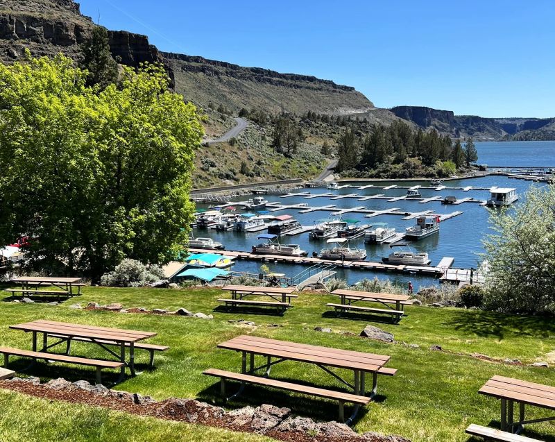 Picnic tables overlooking the marina at Cove Palisades Resort near Bend Oregon.