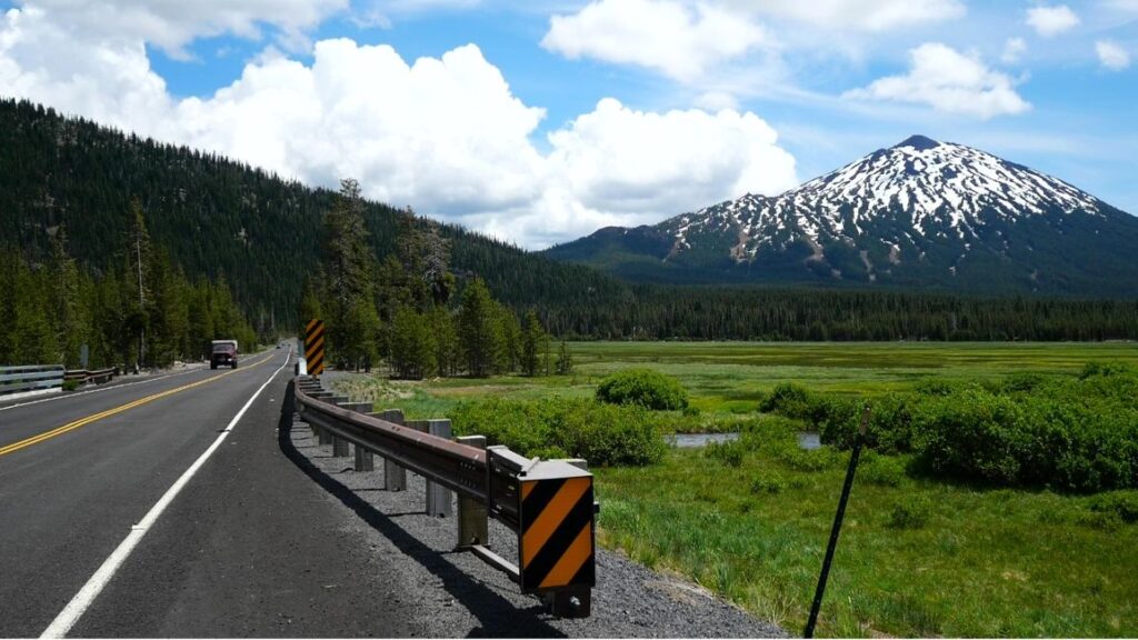 Views of Mt. Bachelor from the side of the Cascade Lakes Scenic Byway.