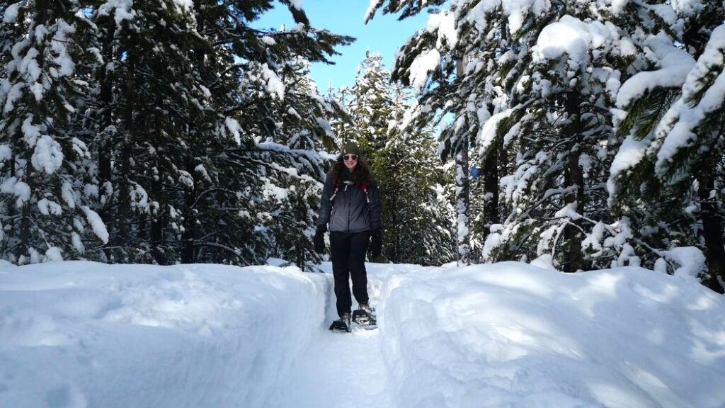 Someone enjoying snowshoe trails near Bend at Virginia Meissner Sno-Park.