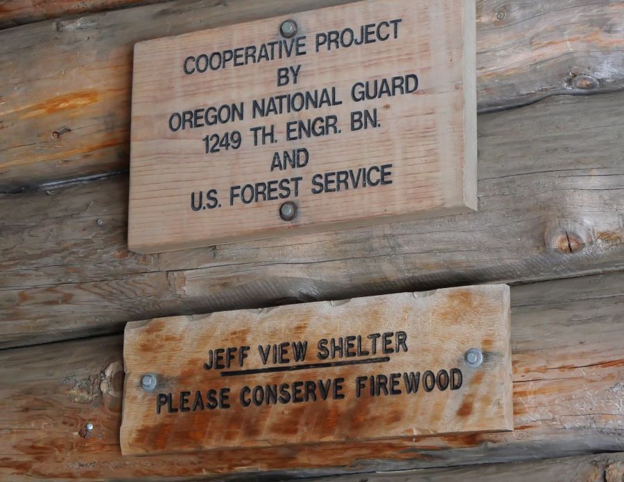 A USFS plaque on the warming shelter at Three Creeks Sno Park 