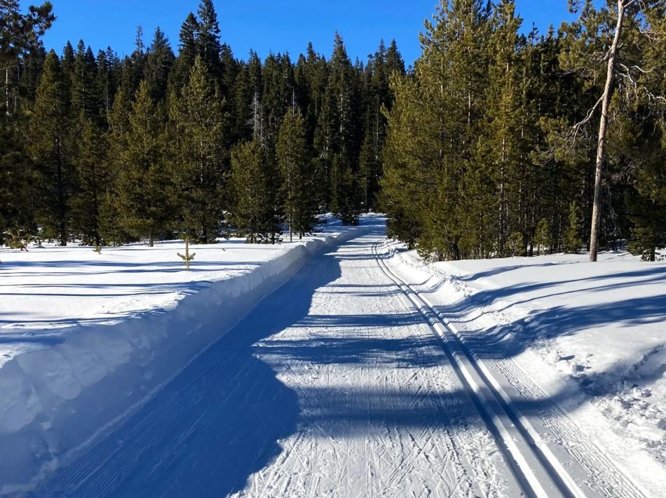 A groomed cross-country ski trail at Swampy Lakes Sno-Park.