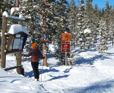 Abby reading signage at Swampy Lakes Sno-Park.
