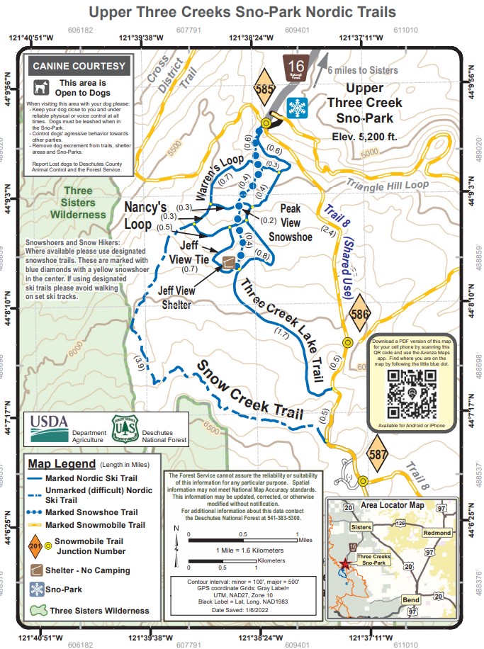 Three Creek Sno Park Ski and Snowshoe trail map.