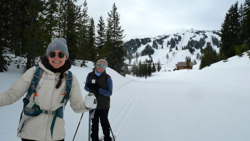 Abby and our friend cross-country skiing towards Dutchman Sno Park from the Mt. Bachelor Nordic Center.