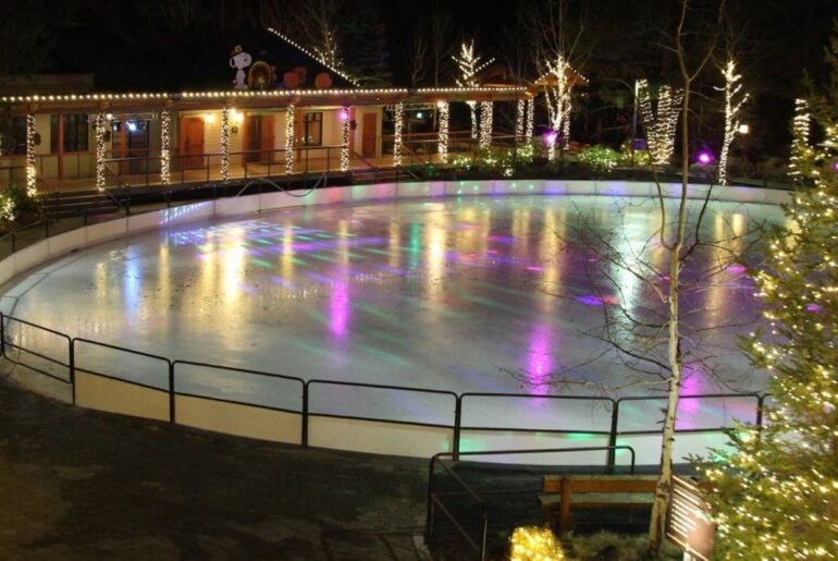 The outdoor ice-skating rink at Seventh Mountain Resort.