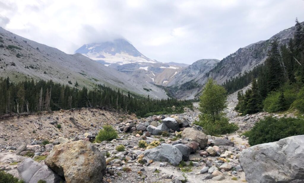 A large, scoured river near Mt. Hood along the Timberline Loop Trail.