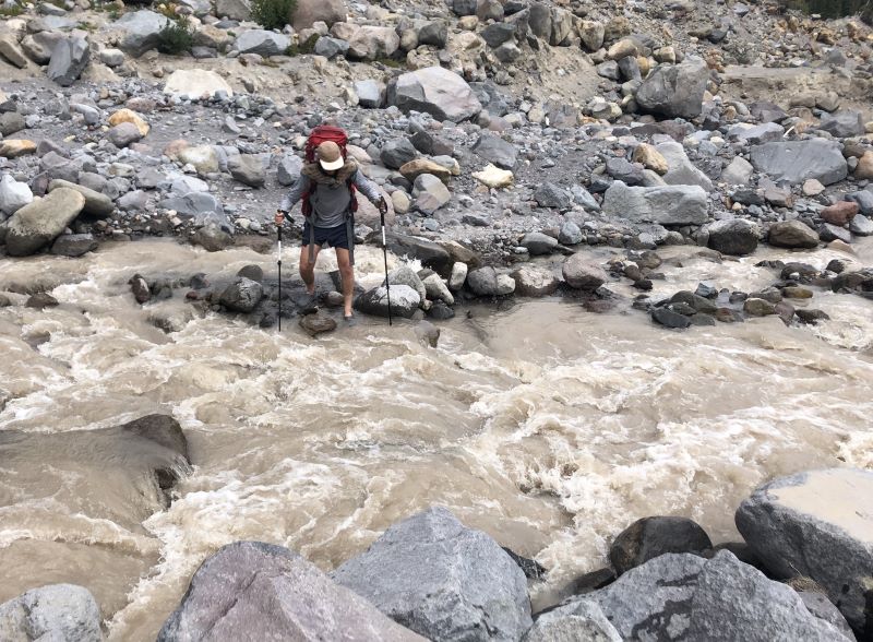 Crossing a river on the Timberline Loop Trail