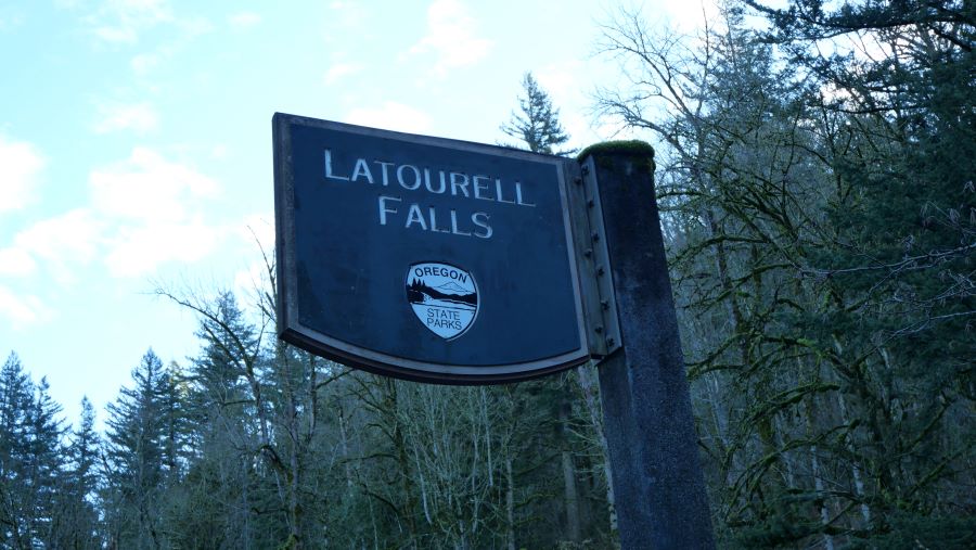 The Latourell Falls signage. The trail was closed on the day we visited in February 2024.