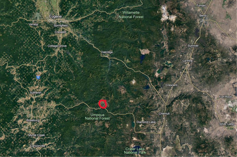 The location of Toketee Falls and Umpqua Hot Springs on a map