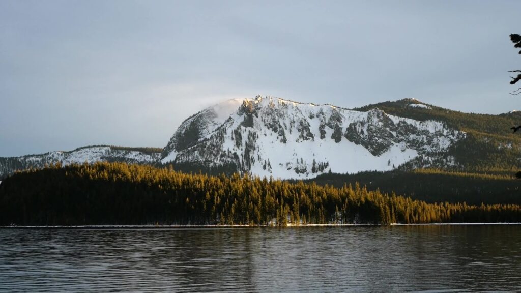 The view of Paulina Peak from Paulina Lake Oregon during the winter.