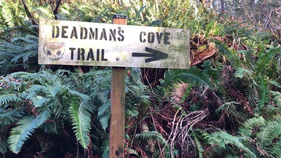 A sign pointing towards Dead Man's Cove Washington