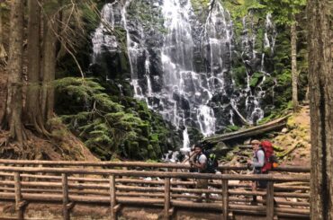 Hikers at Ramona Falls in Oregon