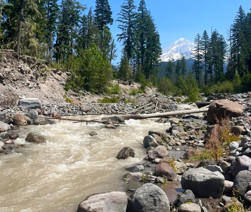 Views of the Sandy River and Mt. Hood along trail to Ramona Falls Oregon.