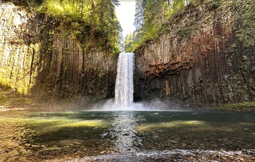Abiqua Falls in Oregon on a sunny day. A spectacular waterfall near Portland.