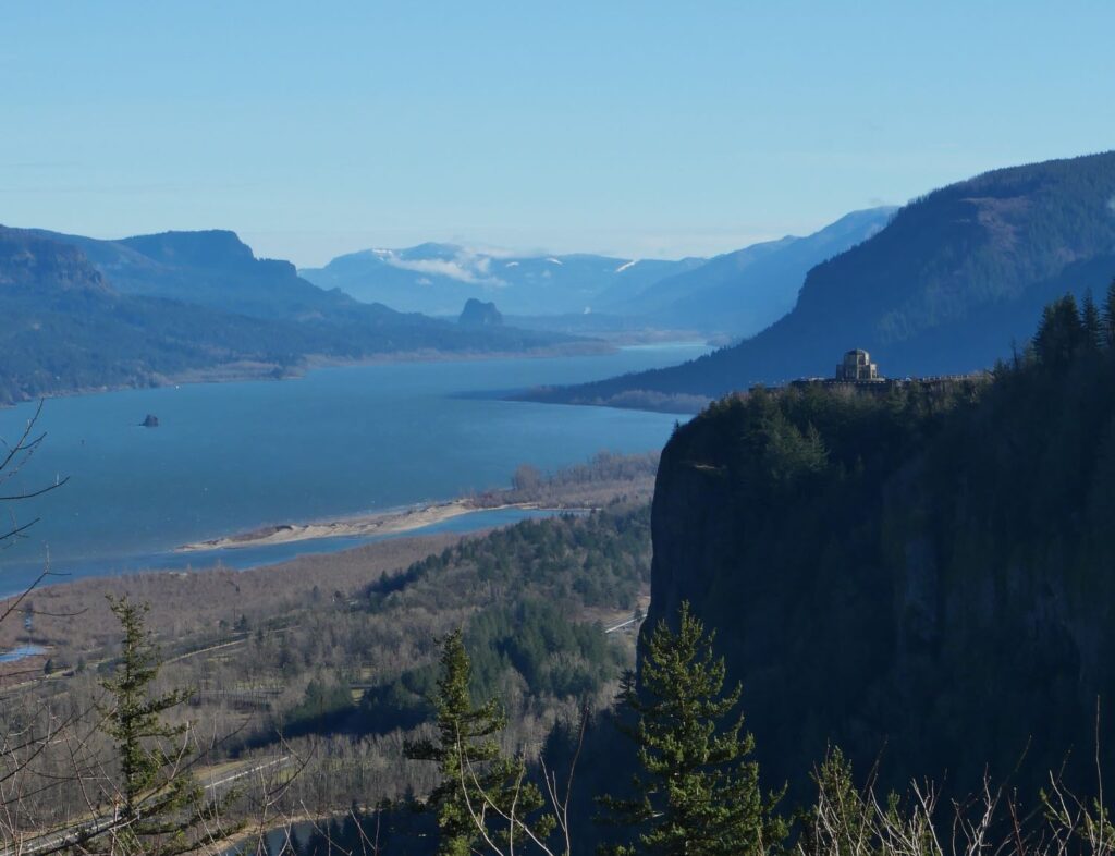 Looking north down the Columbia River Gorge with the historic Vista House.