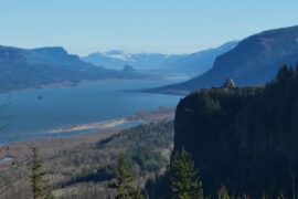 Looking north down the Columbia River Gorge with the historic Vista House.