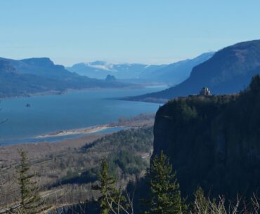 Looking north down the Columbia River Gorge with the historic Vista House.