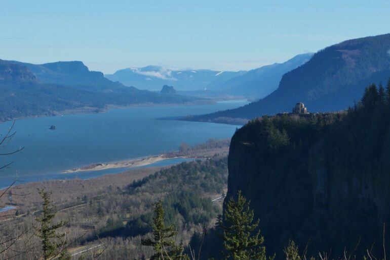 Looking north down the Columbia River Gorge with the historic Vista House.