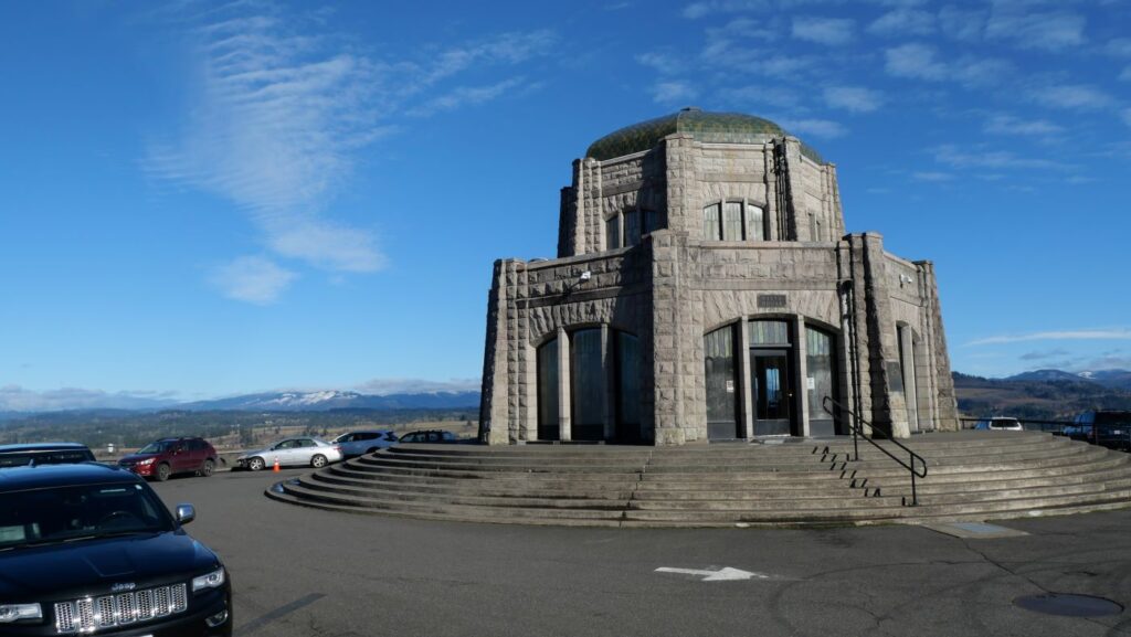 The historic Vista House on a sunny winter day.