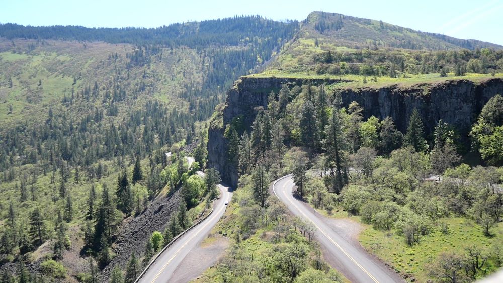 Looking down on the Historic Columbia River Highway from the Rowena Crest Viewpoint.