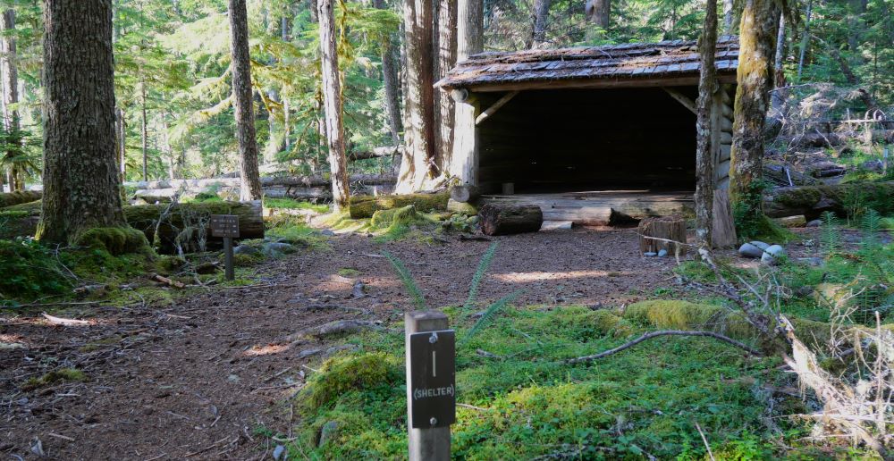 The group site and shelter at South Mowich Campground along the Wonderland Trail. 