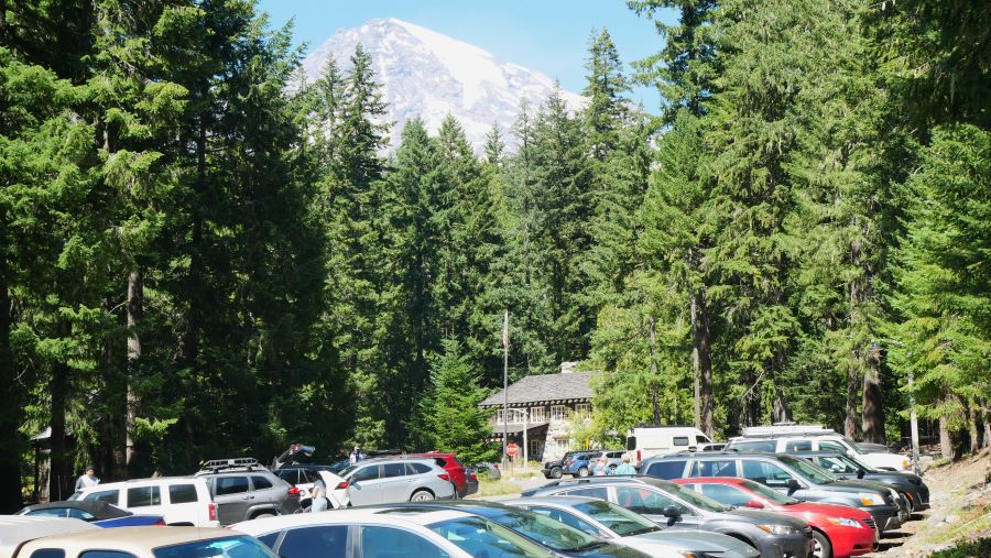 The parking lot at the Longmire area in Mt. Rainier National Park.