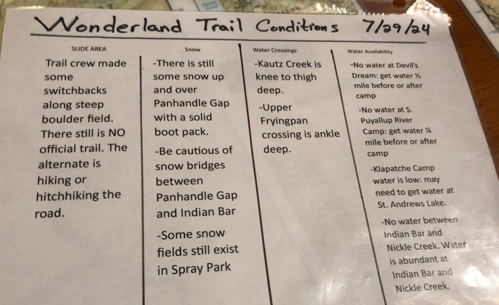 A sheet describing up-to-date trail conditions when we did our hike.