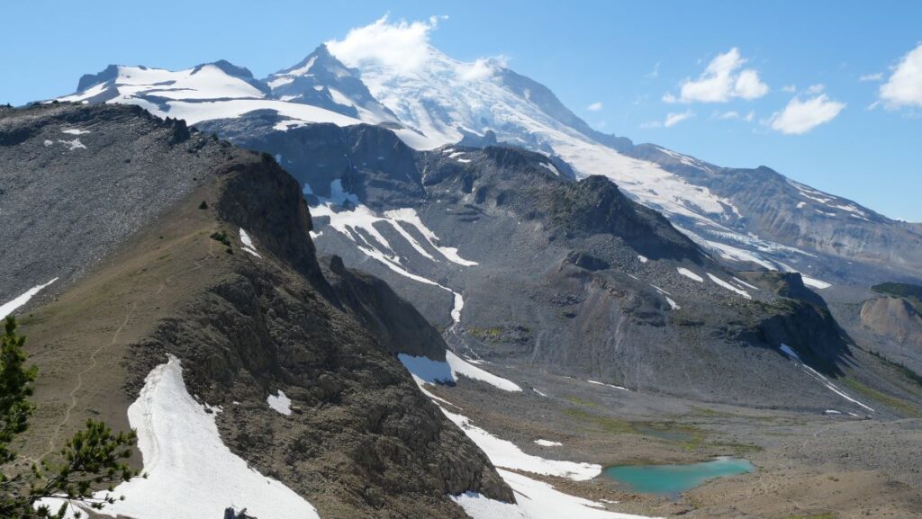 The view of Mt. Rainier from Panhandle Gap on the Wonderland Trail.