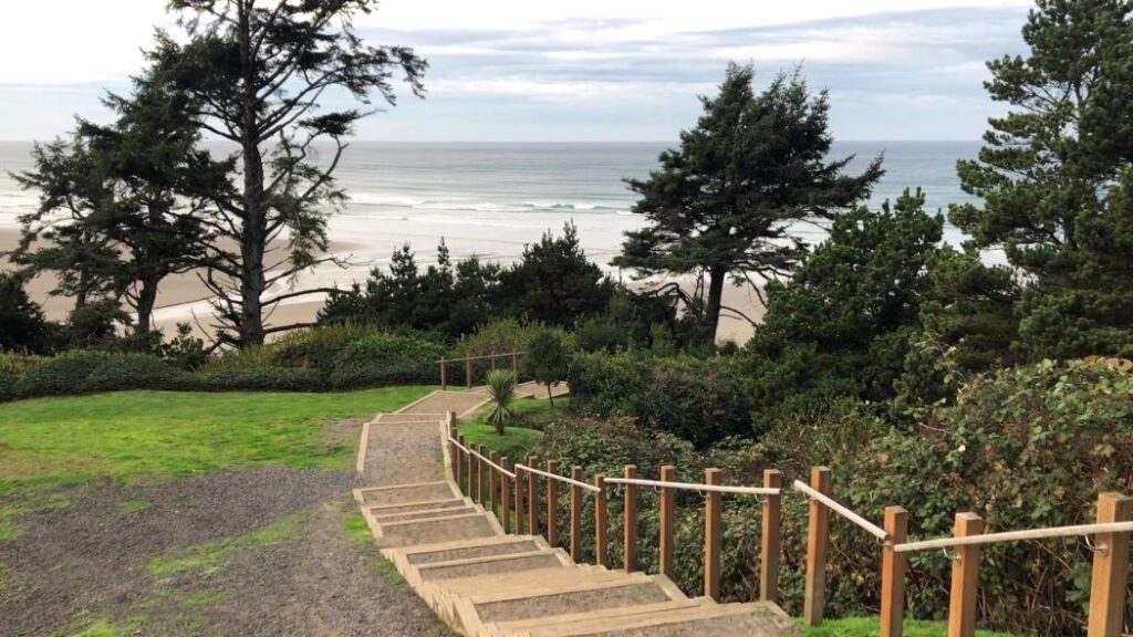 The staircase down to Agate Beach from the north parking area.