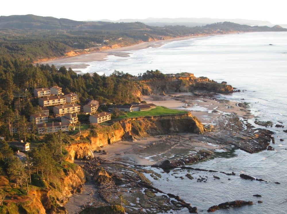 The Inn at Otter Crest during sunset.