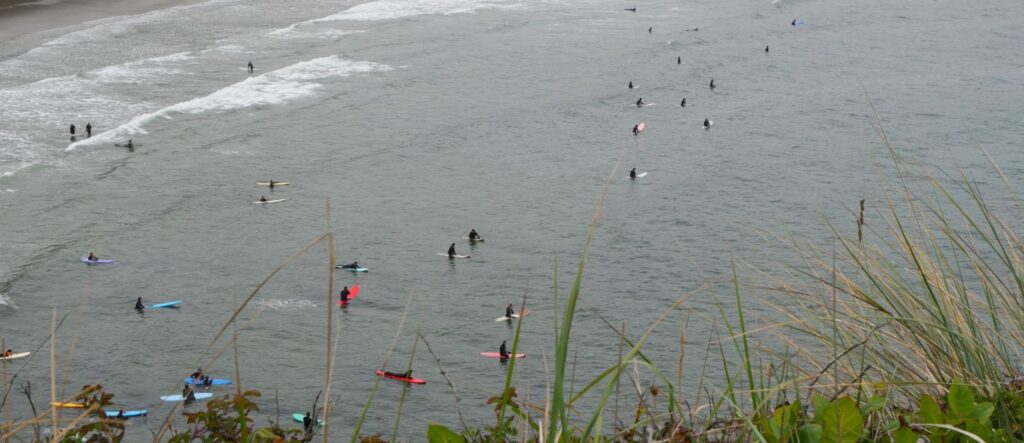 Surfers waiting for waves at Otter Rock Oregon.