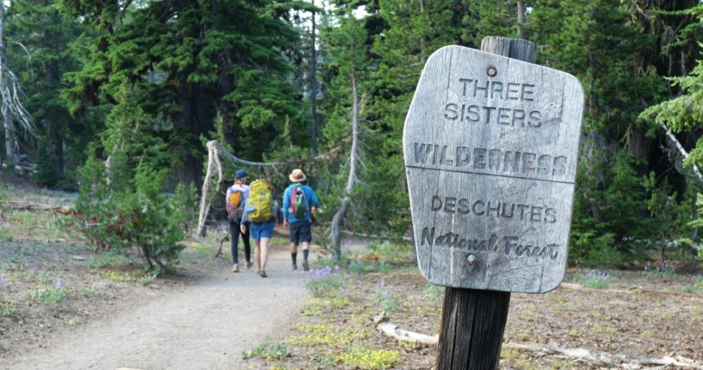 A sign denoting the beginning of the Three Sisters Wilderness.