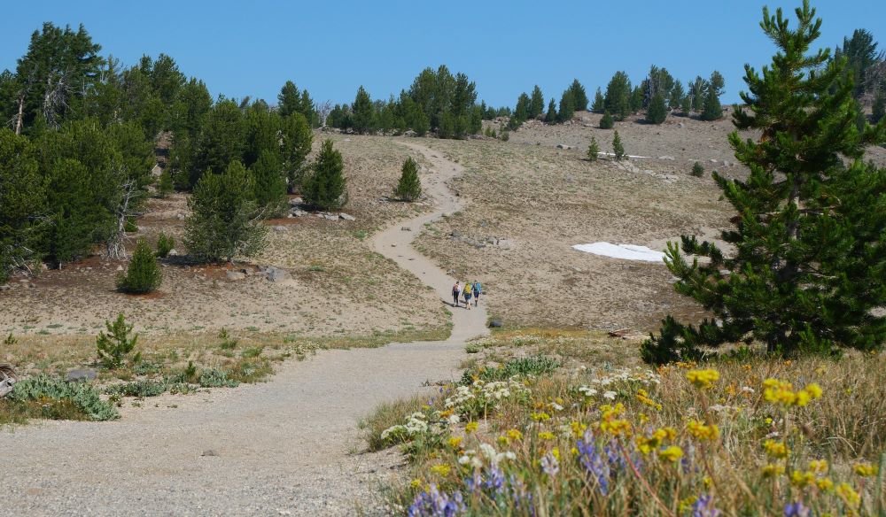 Hikers traverse an exposed section of the Tam McArthur Rim Trail.