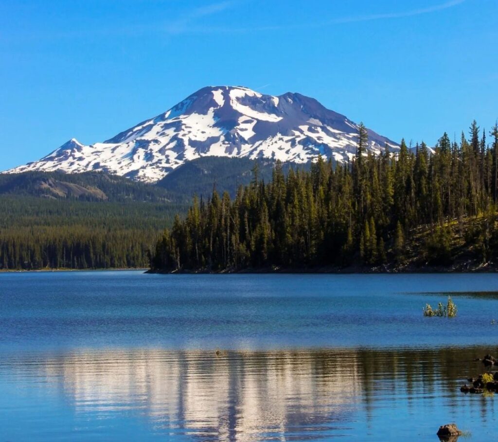 Views of South Sister from the Beach Picnic Area at Elk Lake Oregon.