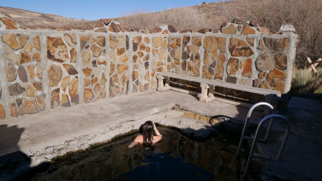 Abby soaking in the constructed pool on a sunny winter day.