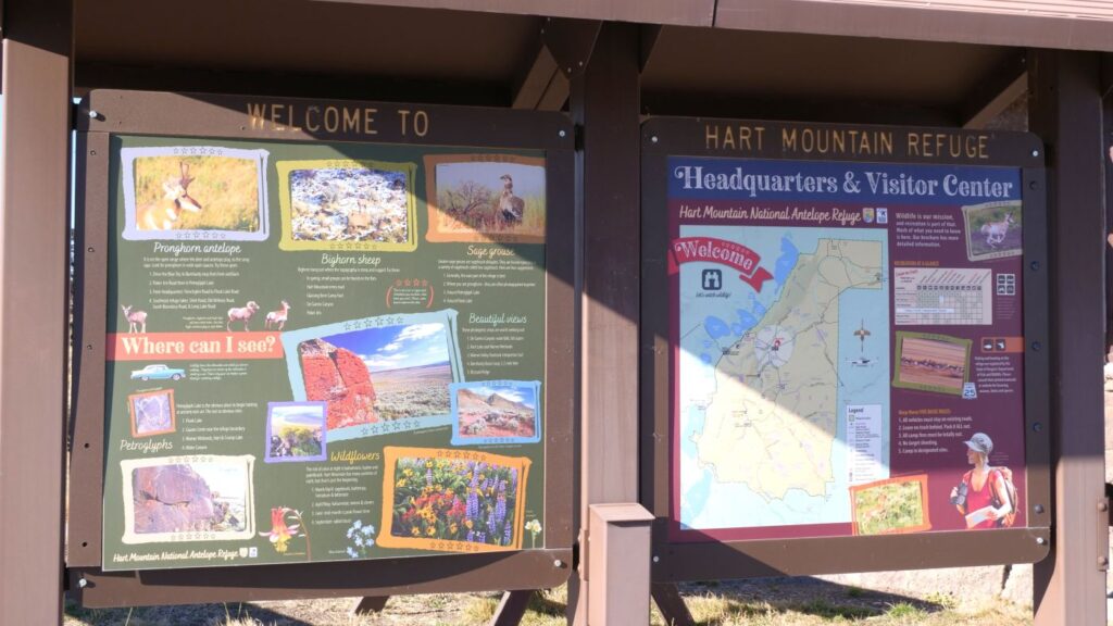A sign kiosk outside of the Hart Mountain Antelope Refuge Visitor Center.