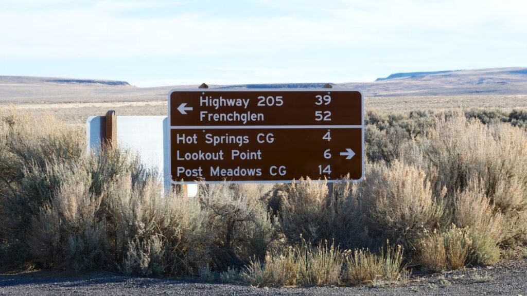 Signage at the junction of Hart Mountain Road (coming from Plush), Blue Sky Road (leading to the hot spring) and Frenchglen Road.