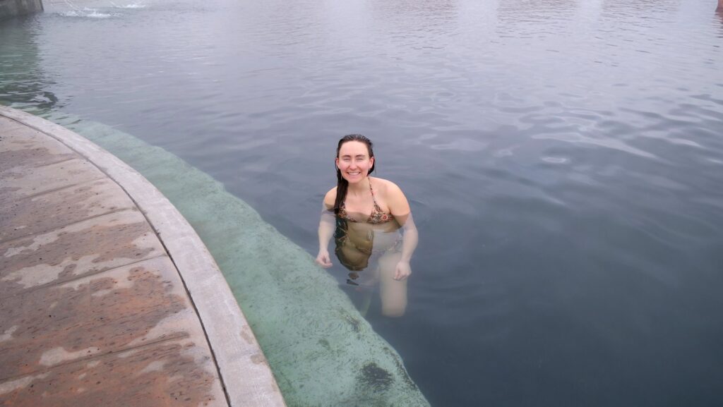 Abby in the main soaking pond at Crane Hot Springs.