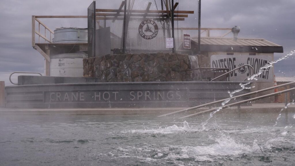 The water features splashing in the main soaking pond at Crane.
